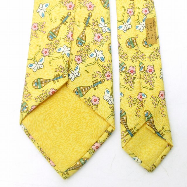 ✨新品未使用✨エルメス ネクタイ イエロー 花柄 シルク100% エルメス HERMES ネクタイ シルク 総柄 花柄 フラワー 楽器 蝶