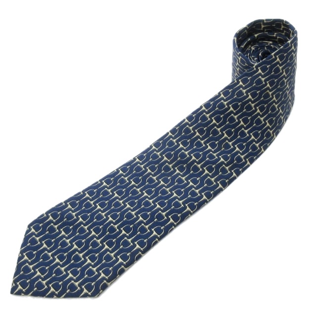 エルメス HERMES ネクタイ シルク 総柄 ホースビット柄 馬具柄 紺