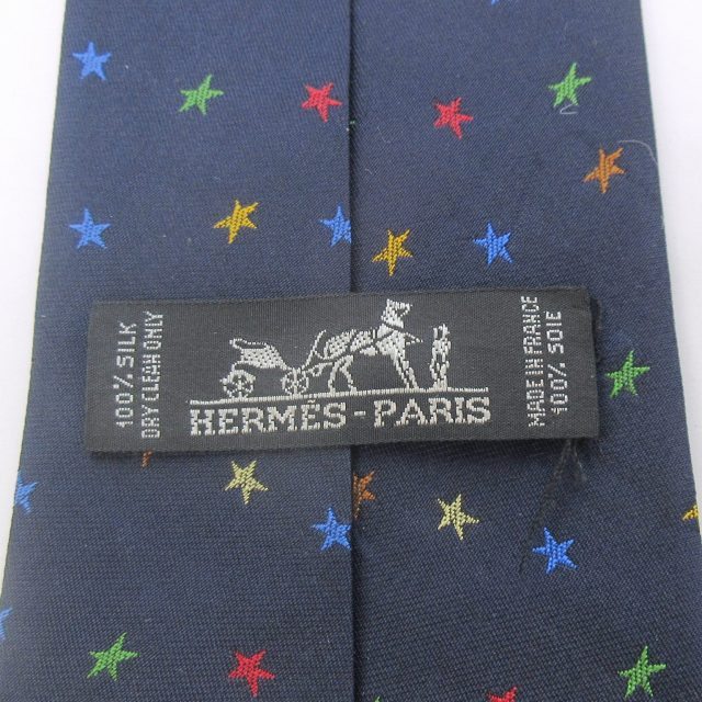 エルメス HERMES 美品 ネクタイ 星柄 総柄 スター シルク ビジネス 紺