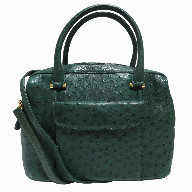 オーストリッチレザー 2WAY ショルダーバッグ ハンドバッグ 緑  