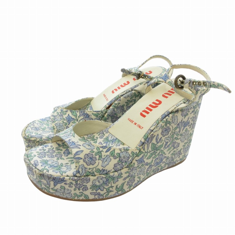 ミュウミュウ miumiu サンダル シューズ 厚底 花柄 351/2 23cm 青 