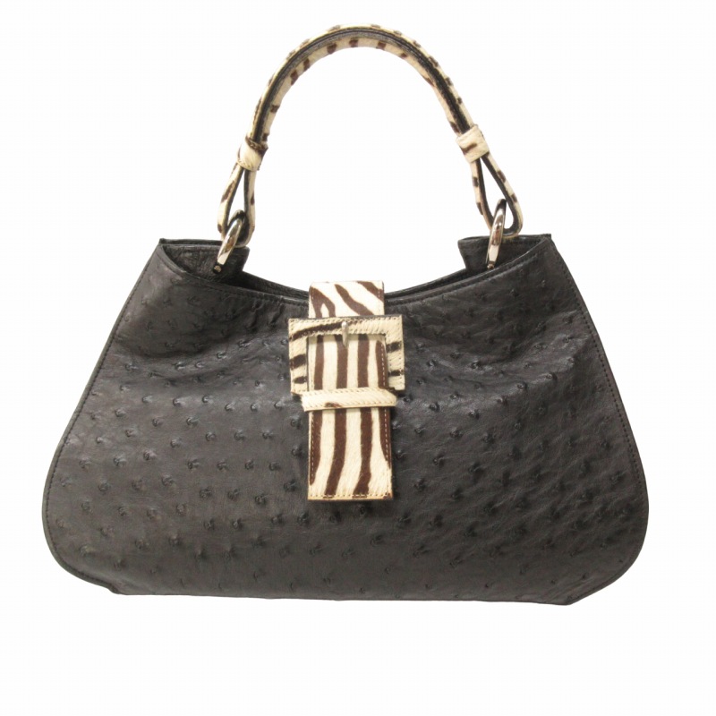 JRA ハンドバッグ オーストリッチ ハラコ レザー 黒 白 茶 ブラック  