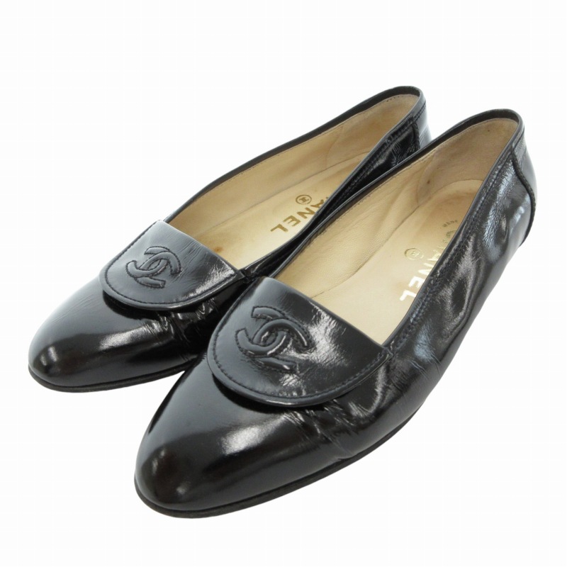 シャネル ブラック エナメル バレエシューズ CHANEL ブラックエナメル バレエシューズ35.5