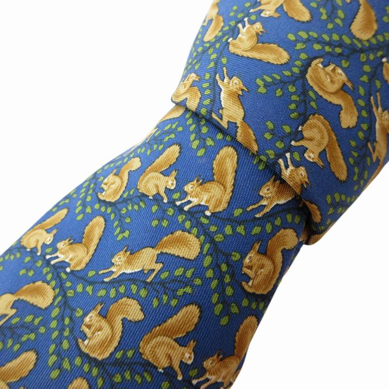 エルメス HERMES 美品 ネクタイ カジュアル 絹 シルク リス柄 総柄 青