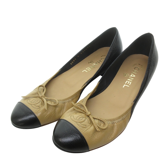 美品】CHANEL バレエシューズ ベージュ/ブラック36.5 【公式通販】