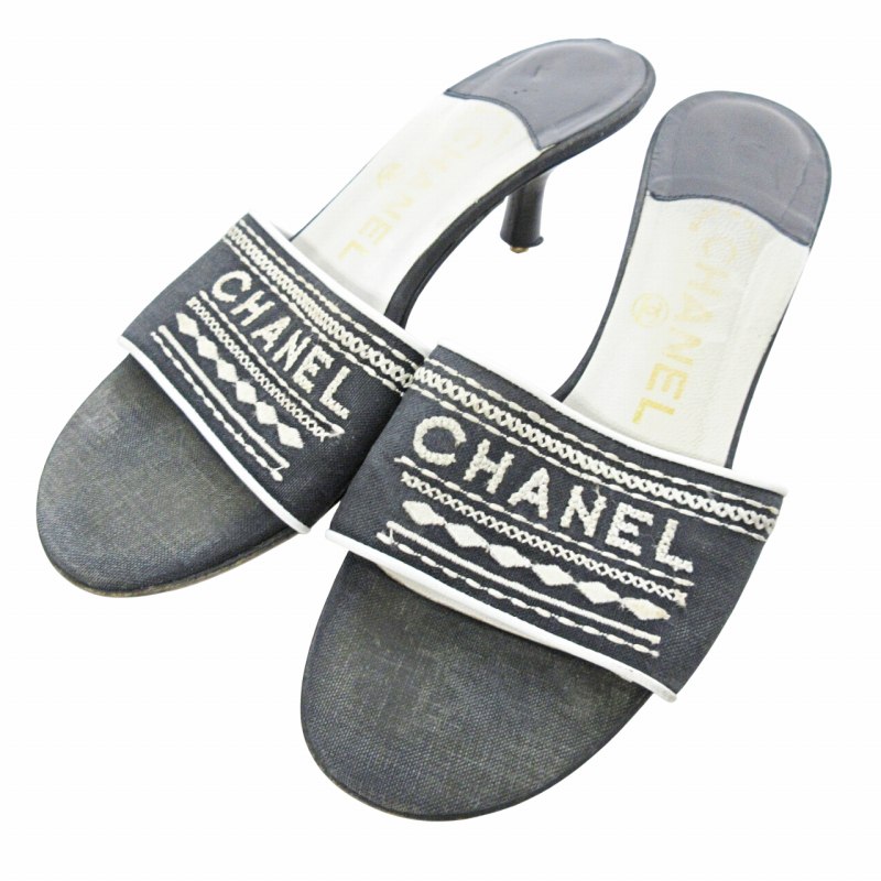 シャネル CHANEL ジャンク ロゴ刺繍 ミュール サンダル ヒール