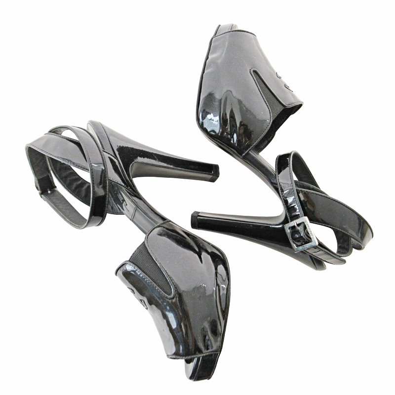 黒エナメルアンクルストラップハイヒール パンプス 黒 エナメル