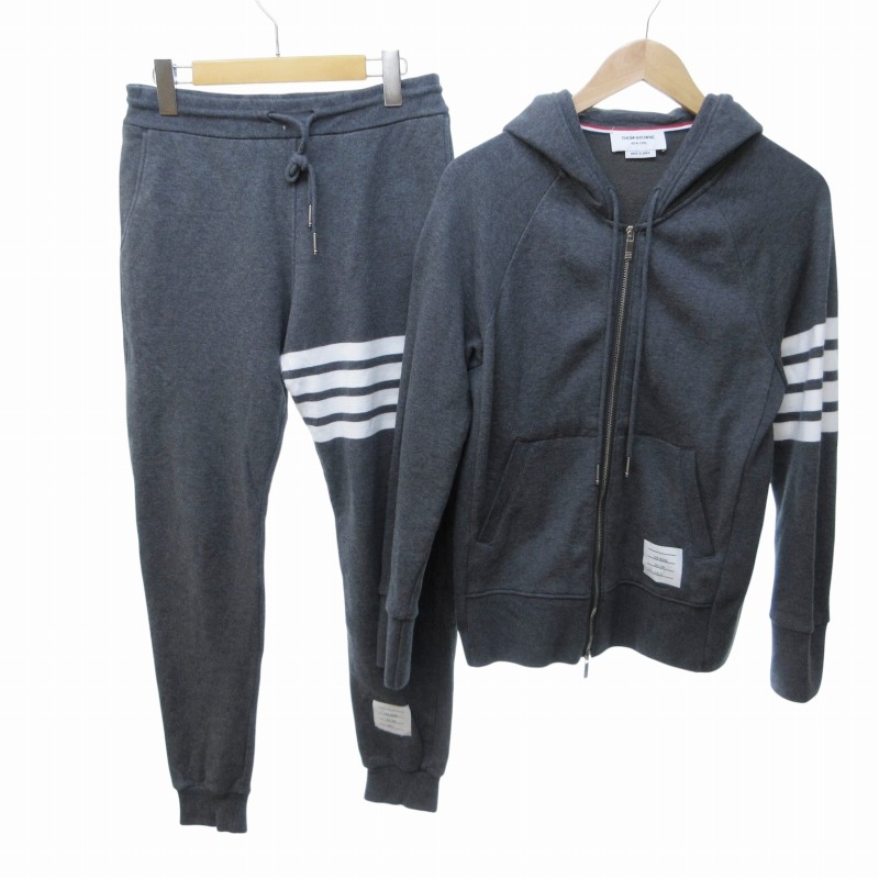 新品 THOM BROWNE グレー ライン パーカー Thom Browne ライン グレー フード ジップアップパーカー - メルカリ