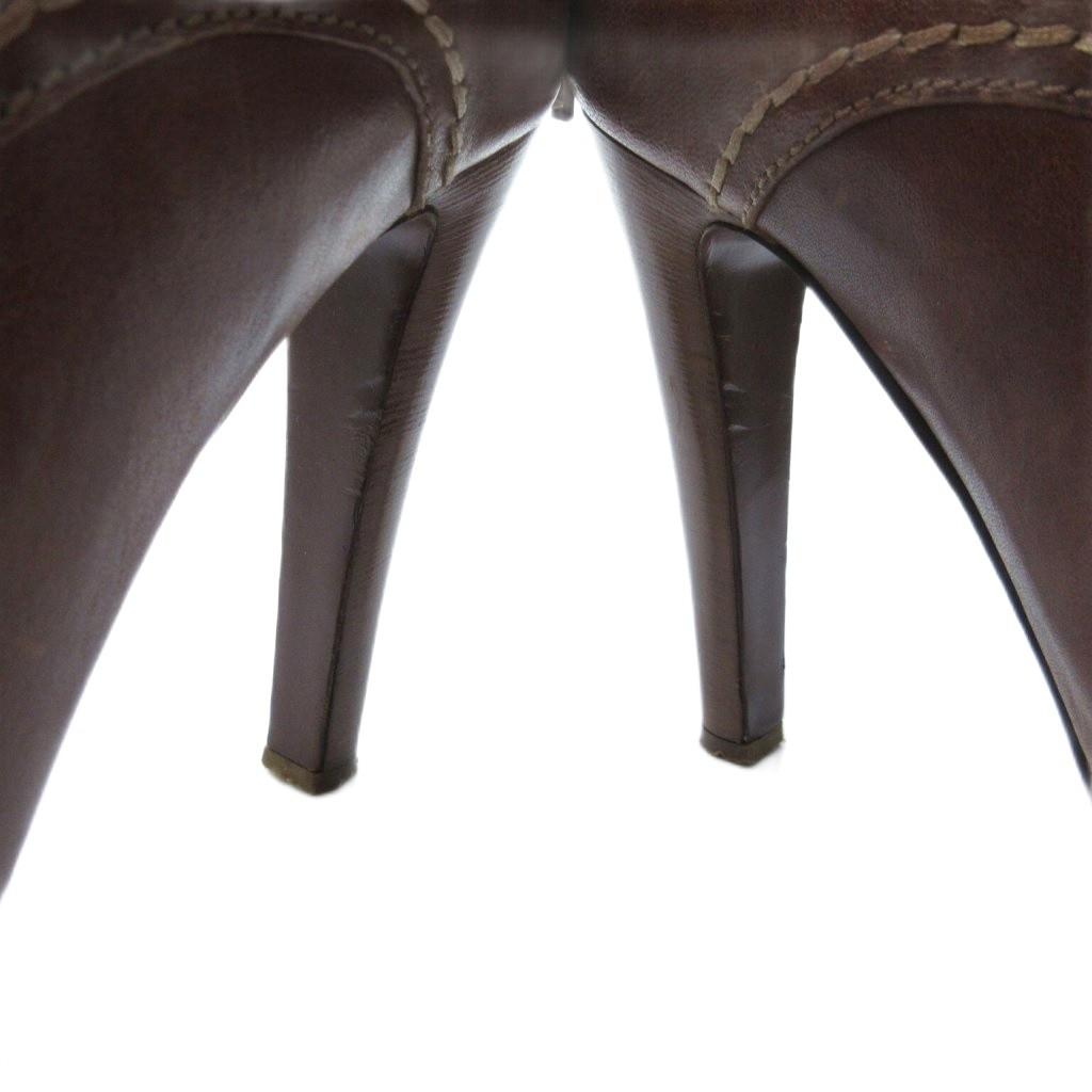 ミュウミュウ レザー レースアップ ブーティ オープントゥ 茶 約23.5cm