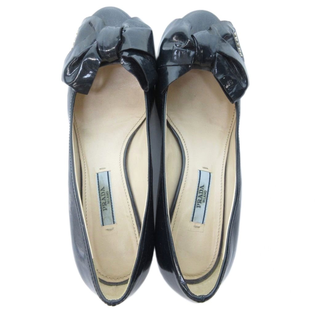 プラダ PRADA エナメル リボンパンプス ラウンドトゥ チャンキーヒール  