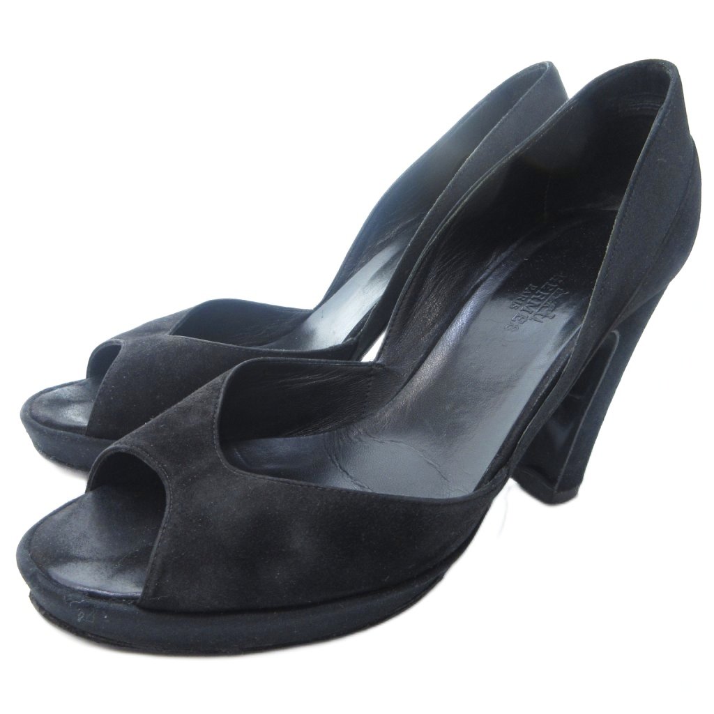 エルメス HERMES オープントゥ スエード パンプス チャンキーヒール 黒