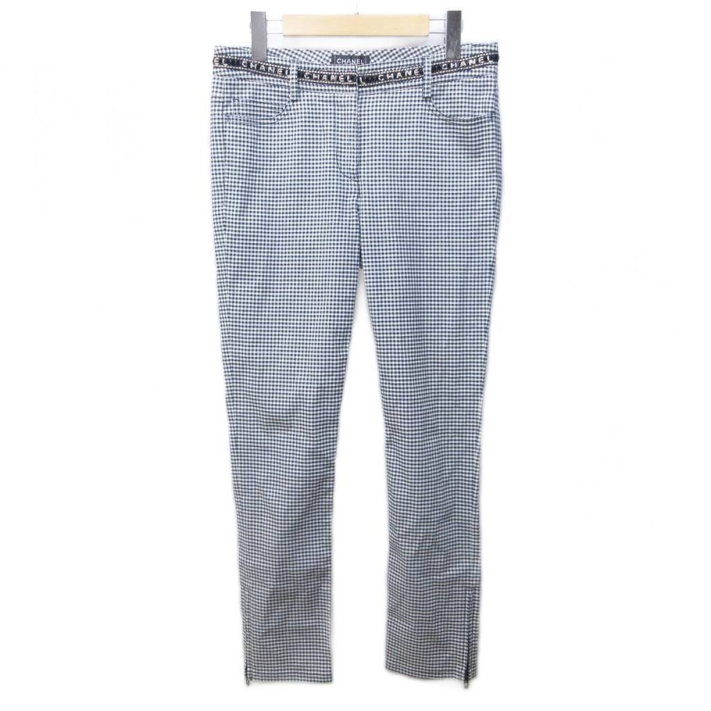 シャネル CHANEL ギンガムチェック スラックス パンツ ロゴ 刺繍 ラメ