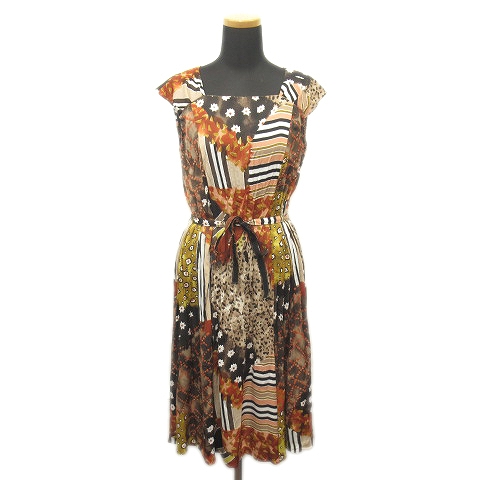 美品 ヒロコビス ヒロココシノ Hiroko Bis 総柄 ロング ワンピース プリーツ ベルト ノースリーブ 9 赤茶系 レディース 18 レディース 026 ベクトルパーク