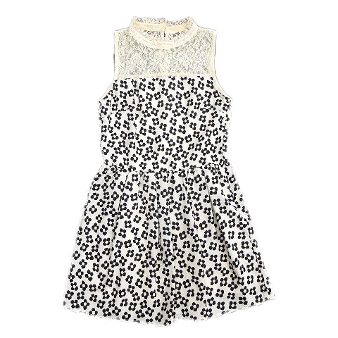 ミスティウーマン Mysty Woman レース 花柄 Aライン ワンピース ひざ丈 フレア スカート ノースリーブ スタンドカラー M 白 黒 レディース レディース 026 ベクトルパーク