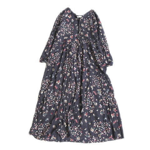 美品 セポ Cepo Aolt 花柄 ロング ワンピース フレア スカート リボンカラー 長袖 M 紺 ネイビー マルチ レディース ５ レディース 026 ベクトルパーク