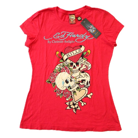 未使用品 エドハーディー Ed Hardy スカル ロゴ ラインストーン T