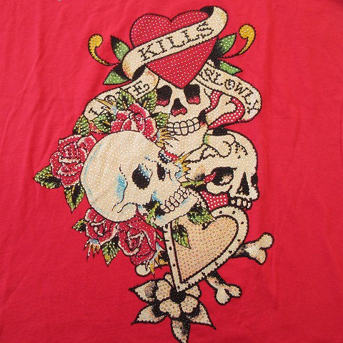 未使用品 エドハーディー Ed Hardy スカル ロゴ ラインストーン T