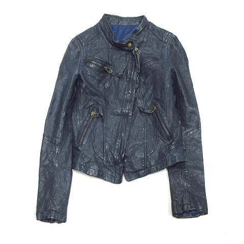ノーブランド シングル ライダース ジャケット ブルゾン ラムレザー 羊革 紺 イタリア製 レディース 12 026 ベクトルパーク