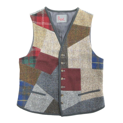 美品 パパス Papas Harris Tweed別注 ハリスツイード パッチワーク ベスト ジレ ウール ツイード 茶 ブラウン グレー マルチ メンズ 12 メンズ 026 ベクトルパーク