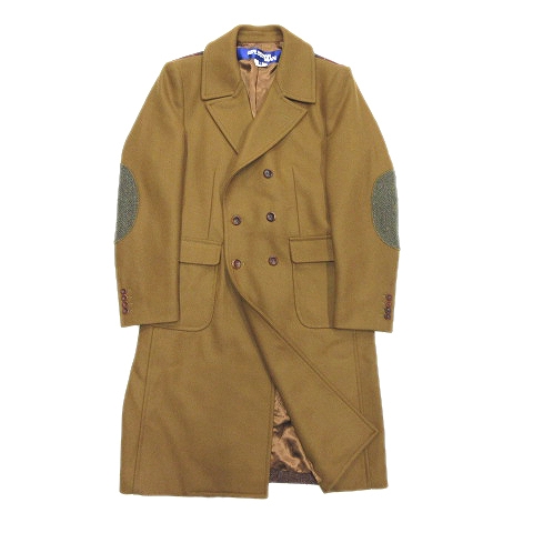 美品 aw ジュンヤワタナベ マン Junya Watanabe Man コムデギャルソン Comme Des Garcons メルトンウール ダブルブレスト ロング コート チェック 切替 エルボーパッチ S 茶 ブラウンメンズ メンズ 026 ベクトルパーク
