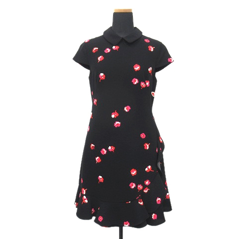 極美品 ケイトスペード Kate Spade 花柄 総柄 襟付 フリル フレア ワンピース カットソー 半袖 バックジップ サイズ0 黒 ブラック レディース レディース 026 ベクトルパーク