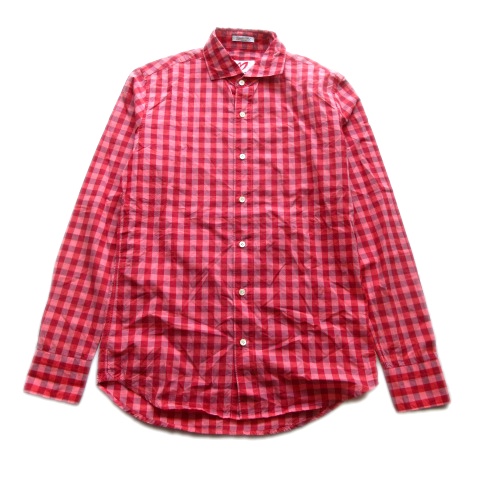美品 マスターバニー Master Bunny ギンガム チェック シャツ カットソー ホリゾンタルカラー ロゴ 刺繍 5 赤 ピンク メンズ ４ 026 ベクトルパーク