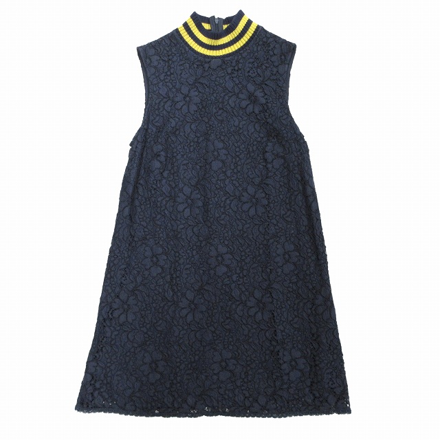 美品 エルマノシェルビーノ Ermanno Scervino レース ワンピース ノースリーブ ミニ リブ スイッチング カジュアルドレス 切替 38 紺 ネイビー レディース レディース 026 ベクトルパーク