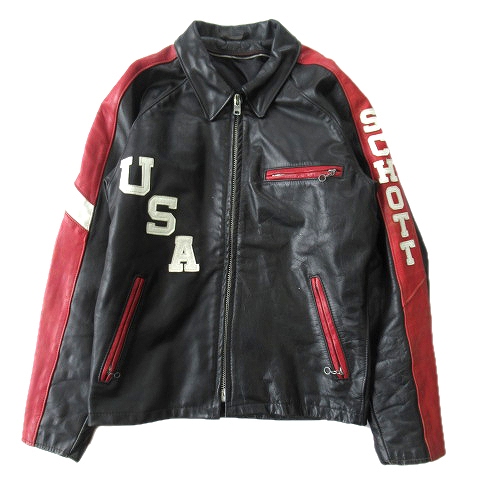 90s ショット Schott Usa Schott ロゴ パッチ レザー ジングル ライダース ジャケット ブルゾン トリコロール オールド ビンテージ サイズ38 黒 赤 白 メンズ ５ メンズ 026 ベクトルパーク