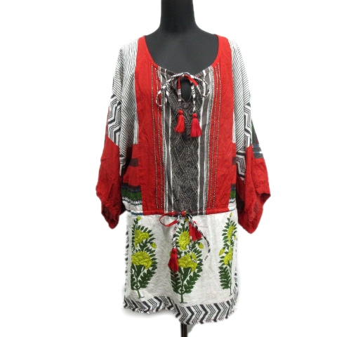 アメリカンラグシー American Rag Cie オーバーサイズ ワンピース カットソー スリットネック ビーズ ボタニカル 総柄 F 赤 マルチ レディース ５ 026 ベクトルパーク