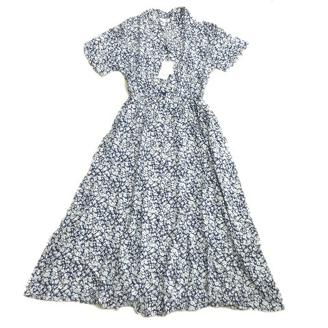 未使用品 ローリーズファーム Lowrys Farm 花柄 開襟 シャツ ワンピース フレア ロング スカート 半袖 紺 白 レディース レディース 026 ベクトルパーク