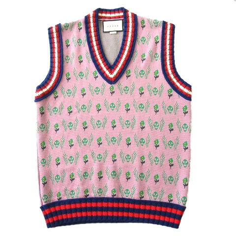 美品 グッチ GUCCI スカル フラワー 花柄 総柄 チルデンニット ベスト 