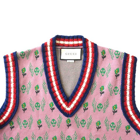 美品 グッチ GUCCI スカル フラワー 花柄 総柄 チルデンニット ベスト 