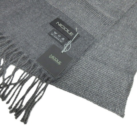 未使用品 ニコル Nicole ウール フリンジ マフラー ストール ロゴ 灰 グレー メンズ ８ メンズ 026 ベクトルパーク