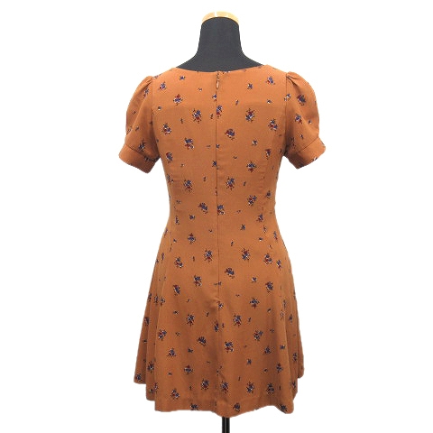 美品 マーキュリーデュオ Mercuryduo 花柄 総柄 フレア ワンピース カットソー 半袖 バックジップ Vネック サイズf 茶 ブラウン レディース ８ レディース 026 ベクトルパーク