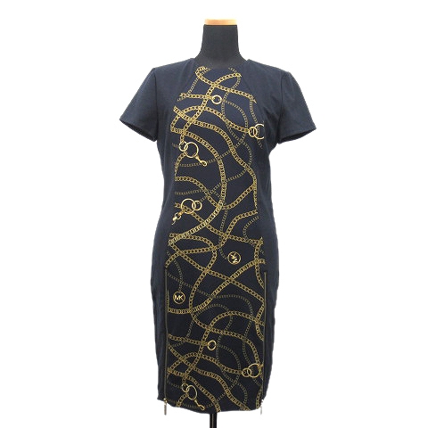 美品 マイケルマイケルコース Michael Michael Kors チェーン ロゴ 総柄 切替 タイト ワンピース カットソー 半袖 ストレッチ バックジップ 丸首 Jf48v9l7z9 サイズ4 紺 ネイビー レディース レディース 026 ベクトルパーク