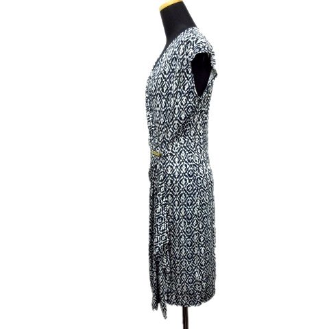 美品 マイケルマイケルコース Michael Michael Kors ロゴ金具 カシュクール ワンピース カットソー ドレープ 総柄 S ネイビー 白 レディース 026 ベクトルパーク