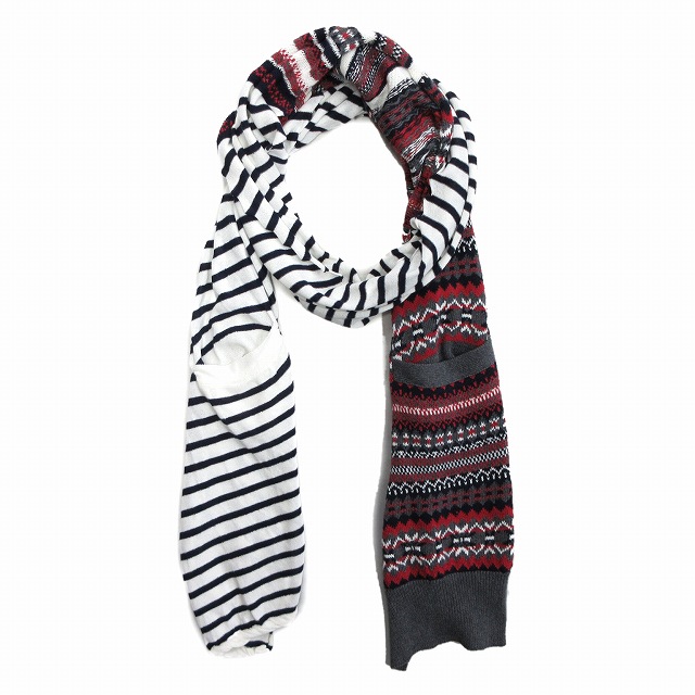 美品 サカイ Sacai ネオティブ柄 ボーダー スイッチング ポケット マフラー 切替 コットンニット 12 m 白 紺 赤 グレー メンズ ９ 026 ベクトルパーク