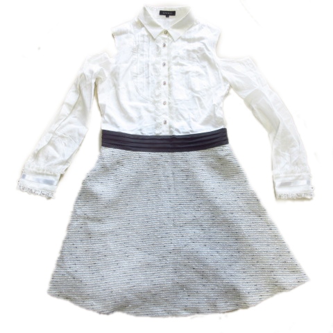 ラブレス Loveless オープンショルダー ドッキング シャツ ワンピース カットソー レース ビジューボタン 34 白 ホワイト マルチ レディース 026 ベクトルパーク