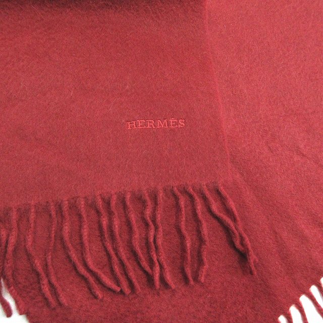 クーポン対象外 カシミヤ100 刺繍 ロゴ Hermes エルメス マフラー １ レディース メンズ 赤系 ボルドー フリンジ マフラー Proenti Com