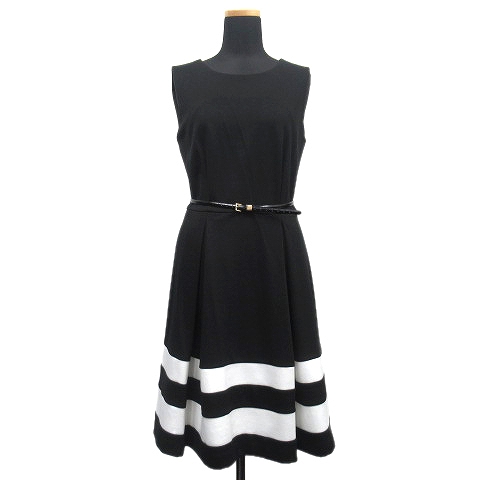 未使用品 カルバンクライン Calvin Klein ノースリーブ フレア ワンピース ドレス カットソー ストレッチ バックジップ ベルト付き 丸首 サイズ4 黒 ブラック 白 ホワイト レディース 026 ベクトルパーク