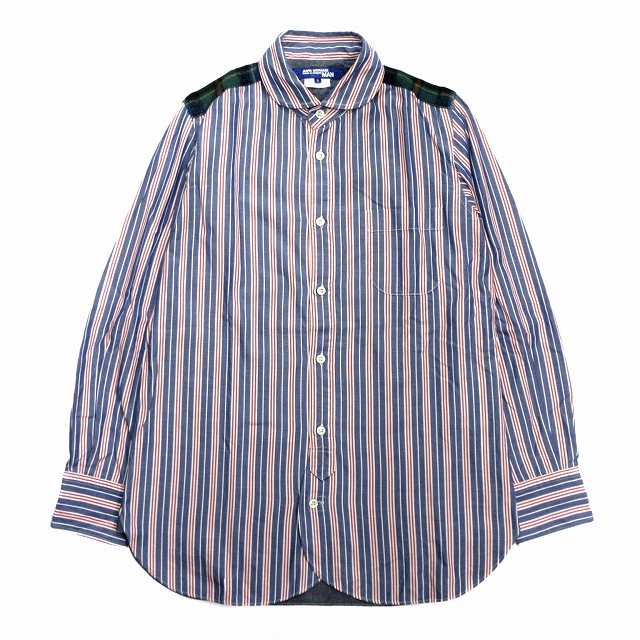 14aw ジュンヤワタナベマン Junya Watanabe Man スイッチング ラウンドカラー シャツ カットソー ブラウス 切替 丸襟 ストライプ チェック ダンガリー S 青 赤 白 緑 メンズ 026 ベクトルパーク