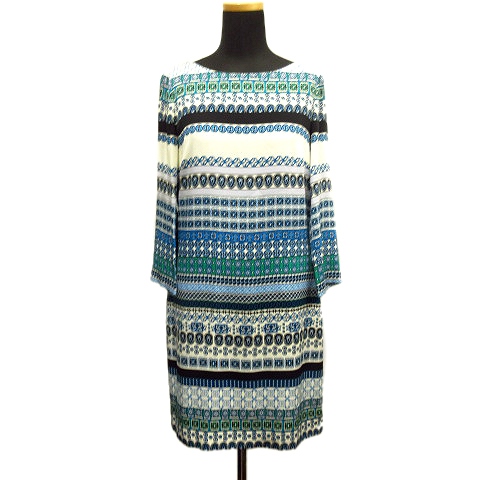 美品 ダイアンフォンファステンバーグ Diane Von Furstenberg シルク 総柄 ワンピース ドレス カットソー ボーダー ストレッチ 4 白 ホワイト 青 緑 レディース 026 ベクトルパーク
