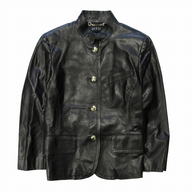 美品 グッチ GUCCI レザー マオカラー ジャケット ブルゾン インター 