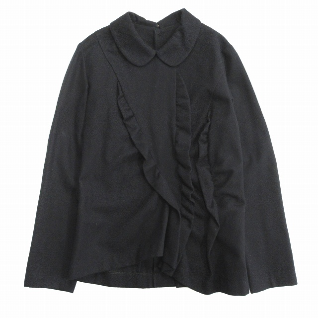 美品 1997年 トリココムデギャルソン tricot COMME des GARCONS アシンメトリー ウール フリル シャツ カットソー ブラウス バックボタン オールド ビンテージ アーカイブ 紺 ネイビー レディース