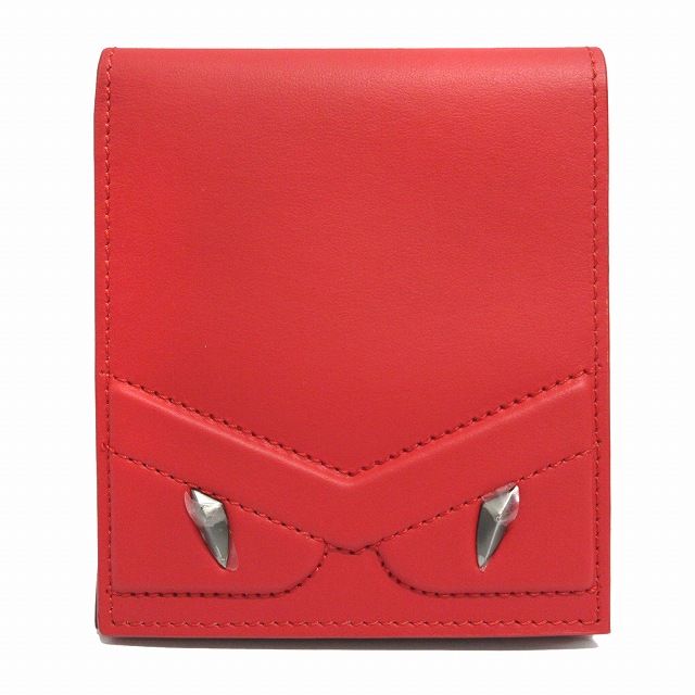 未使用品 18年 フェンディ Fendi モンスター レザー 二つ折り 財布 札入れ 7m0169 カードケース コンパクトウォレット 赤 レッド 黒系 メンズ レディース ４ 026 ベクトルパーク