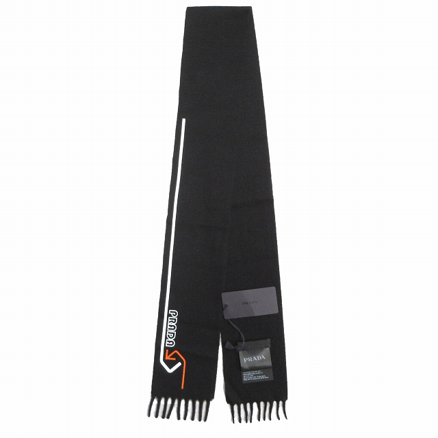 未使用品 18aw プラダ Prada ロゴ プリント カシミヤ100 ナロー マフラー Usc166 ストール Sciarpa 黒 ブラック 白 オレンジ メンズ レディース キッズ ジュニア ４ 026 ベクトルパーク
