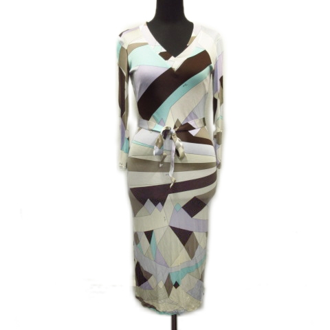 エミリオプッチ Emilio Pucci シルク100 ワンピース カットソー プッチ柄 総柄 プリント I38 緑 グリーン マルチ レディース 026 ベクトルパーク