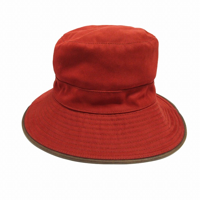 エルメス Hermes Hロゴ 刺繍 バケット ハット ロングブリム 帽子 レザー パイピング 56 赤系 レッド 茶 ブラウン レディース メンズ ４ 026 ベクトルパーク