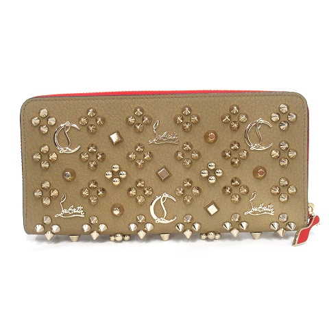 美品 21ss クリスチャンルブタン Christian Louboutin W Panettone Wallet Nv Tissu Graine パネトーネ レザー スパイク 長財布 ラウンドファスナー スタッズ ロゴ ベージュ ゴールド メンズ レディース ユニセックス ５ 026 ベクトルパーク