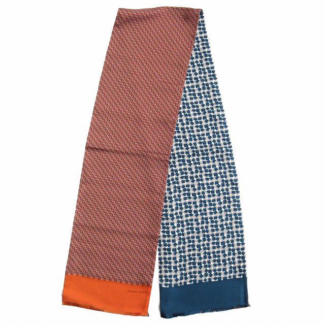 美品 エルメス Hermes リバーシブル シルク ストール シェーヌダンクル チェーン キューブ 総柄 ロゴ マフラー オレンジ 青緑 マルチ レディース メンズ ５ 026 ベクトルパーク